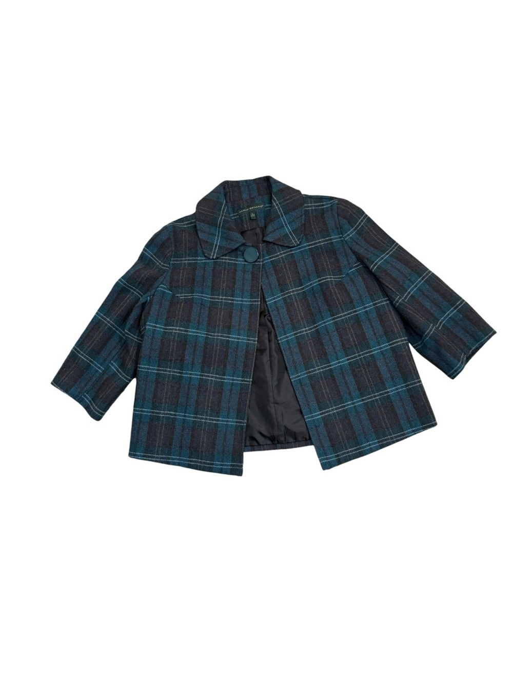 Harve Benard Plaid Cropped Jacket Green Brown 3/4 Sleeve Wool Blend Size L - Picture 8 of 9
